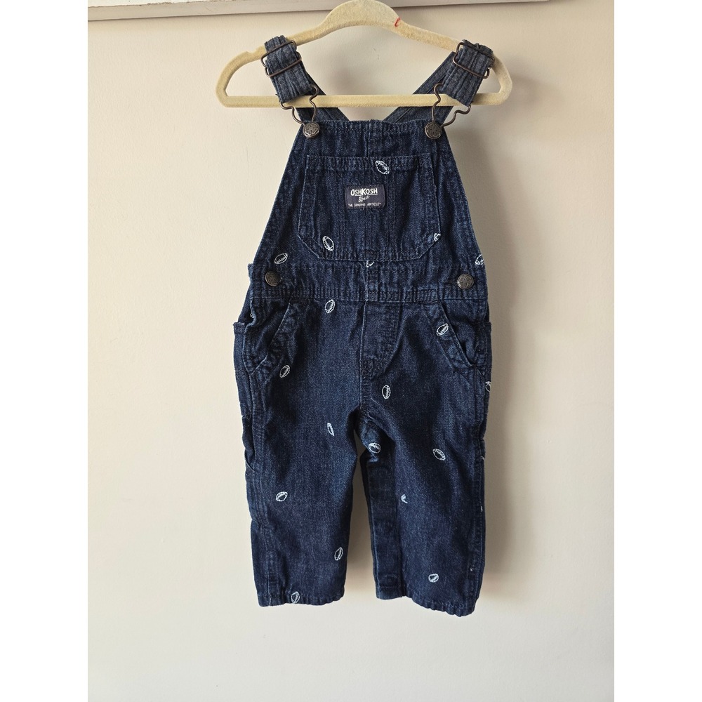 OshKosh Bgosh Kids Dark Wash Denim Football Embroidered Vestbak Overalls 12M